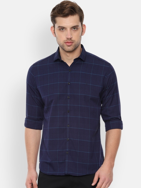 

V Dot Men Navy Blue Slim Fit Checked Casual Shirt