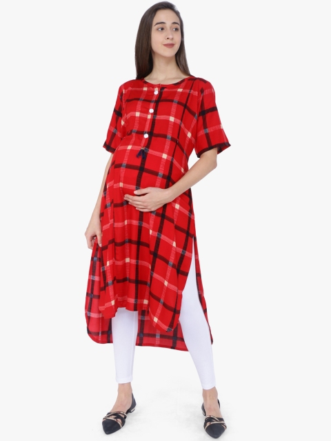 

MomToBe Women Red Checked A-Line Maternity Nursing Kurta