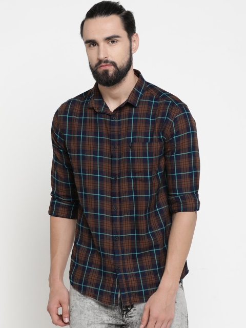 

SHOWOFF Men Navy Blue & Brown Checked Slim Fit Casual Shirt