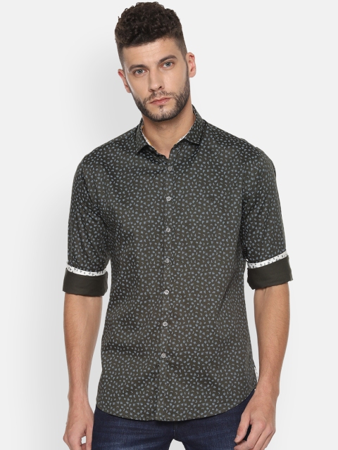 

V Dot Men Olive Green & Blue Slim Fit Printed Casual Shirt