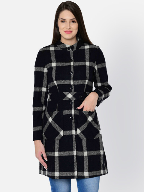 

Owncraft Women Black & White Checked Single-Breasted Longline Woolen Overcoat