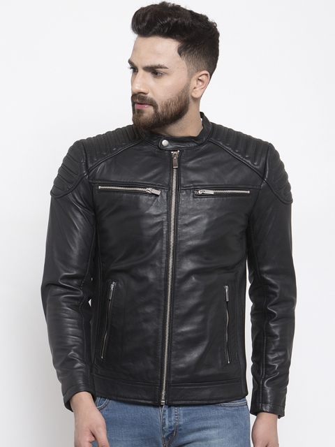 

WELBAWT Men Black Solid Lightweight Leather Jacket