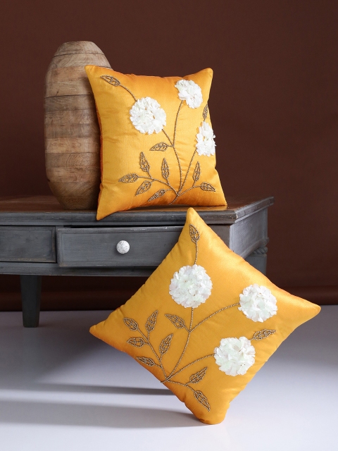 

Alina decor Yellow Set of 2 Floral Square Cushion Covers