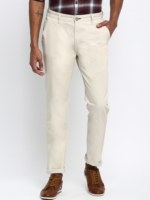 

RUF & TUF Men Cream-Coloured Slim Fit Solid Regular Trousers