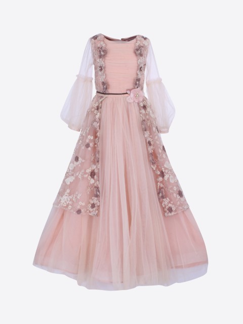 

CUTECUMBER Girls Peach-Coloured Embroidered Maxi Dress