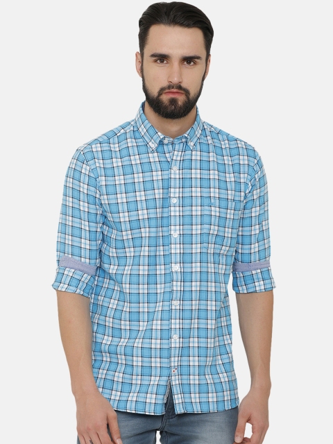 

Bar Harbour Men Turquoise Blue & White Slim Fit Checked Casual Shirt