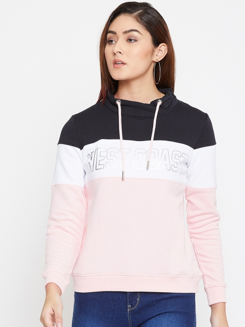 

METTLE Women Pink & Black Colourblocked Hooded Sweatshirt