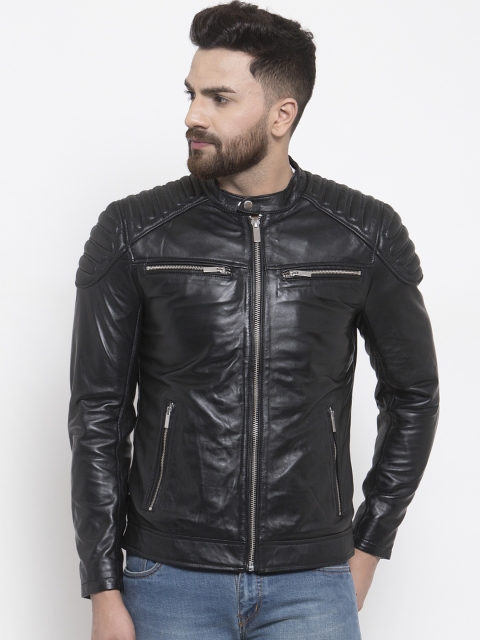 

WELBAWT Men Black Solid Lightweight Leather Jacket