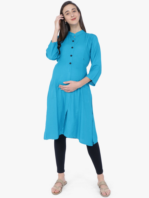 

MomToBe Women Blue Solid Maternity Asymmetric A-Line Kurta