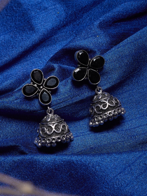 

ZeroKaata Silver-Plated & Black Dome Shaped Jhumkas