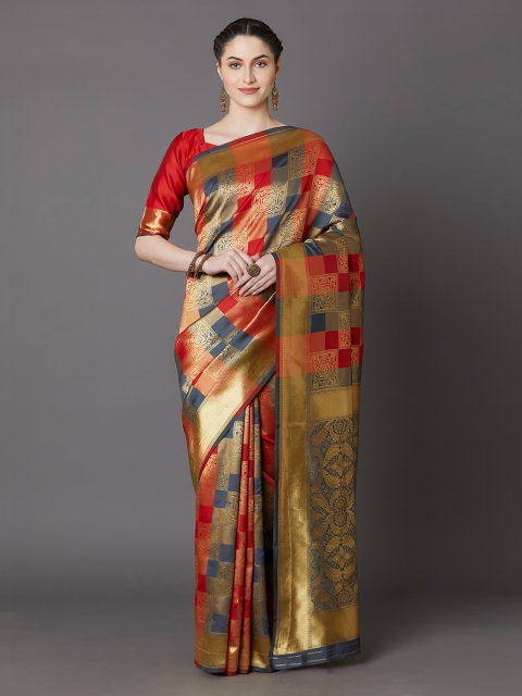

Mitera Grey & Red Silk Blend Woven Design Banarasi Saree