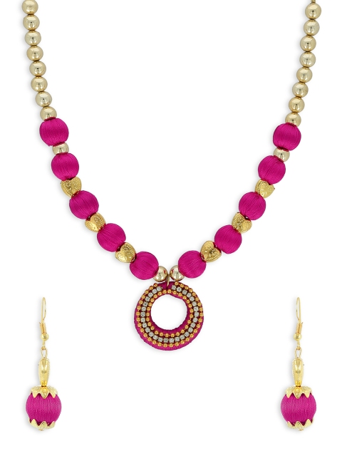 

AKSHARA Girls Magenta & Gold-Toned Stone-Studded Handcrafted Beaded Jewellery Set