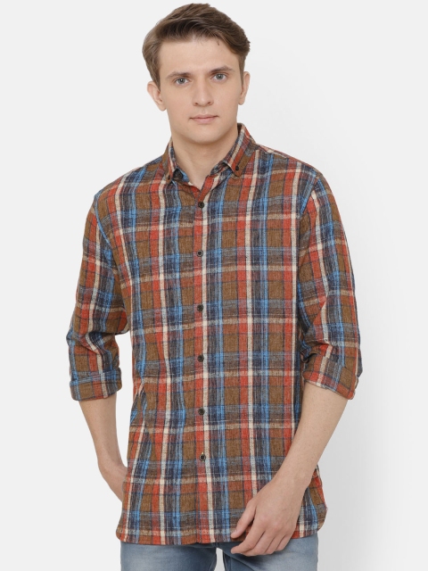 

AweTRend Men Orange & Blue Slim Fit Checked Casual Shirt