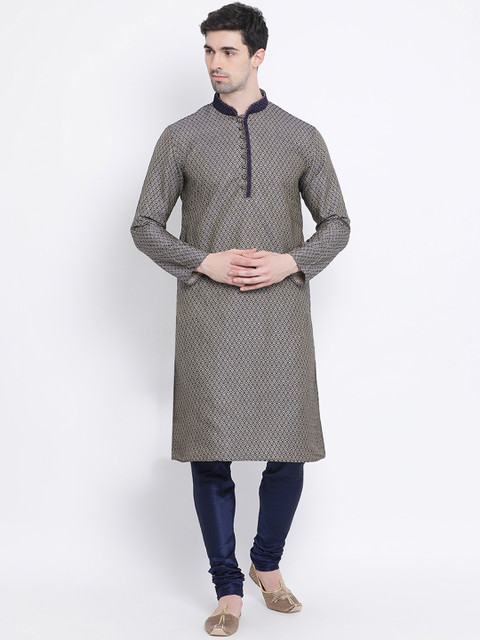 

Sanwara Men Navy Blue & Beige Woven Design Straight Kurta