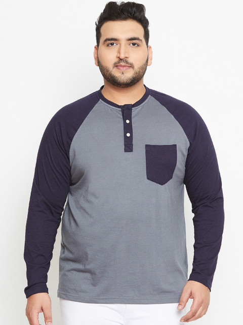 

bigbanana Plus Size Men Grey Solid Henley Neck T-shirt