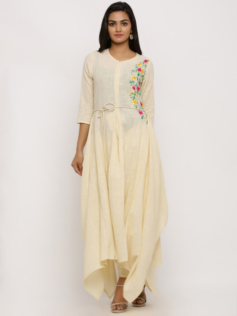 

BUYCLARA Women Beige Embroidered Kurti with Trousers