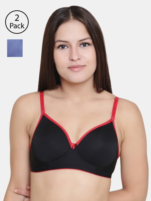 

Floret Set Of 2 Black & Blue Solid Non-Wired Lightly Padded T-shirt Bra T3016