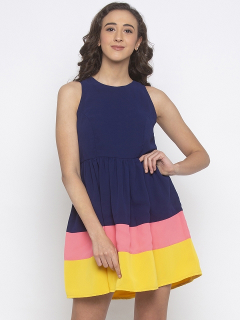 

Iti Women Navy Blue Colourblocked Fit and Flare Dress