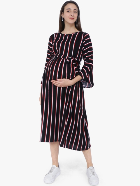 

MomToBe Women Black Striped Maternity Fit and Flare Dress