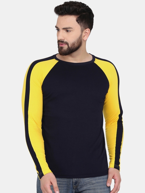 

KATSO Men Yellow & Navy Blue Slim Fit Solid Round Neck T-shirt