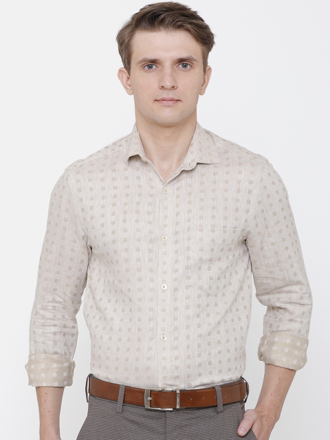 

CAVALLO by Linen Club Men Cotton Linen Beige Regular Fit Self Design Formal Shirt