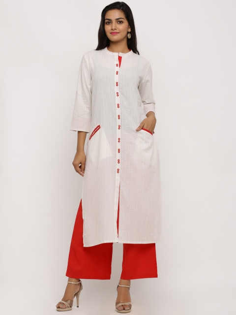 

BUYCLARA Women White & Red Striped Kurti with Palazzos
