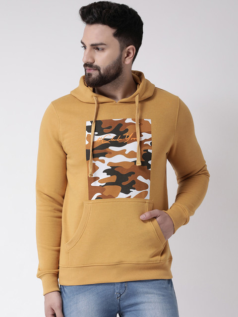 

Club York Men Mustard Yellow & Brown Printed Hooded Sweatshirt