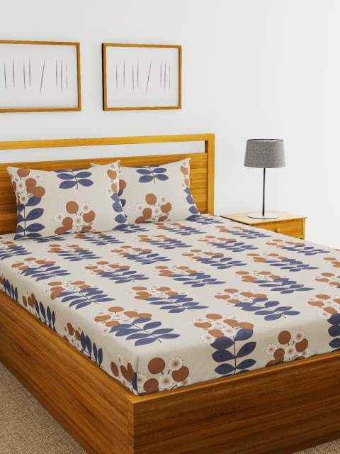 

BIANCA Beige & Brown Floral 144 TC Polyester 1 Queen Bedsheet with 2 Pillow Covers
