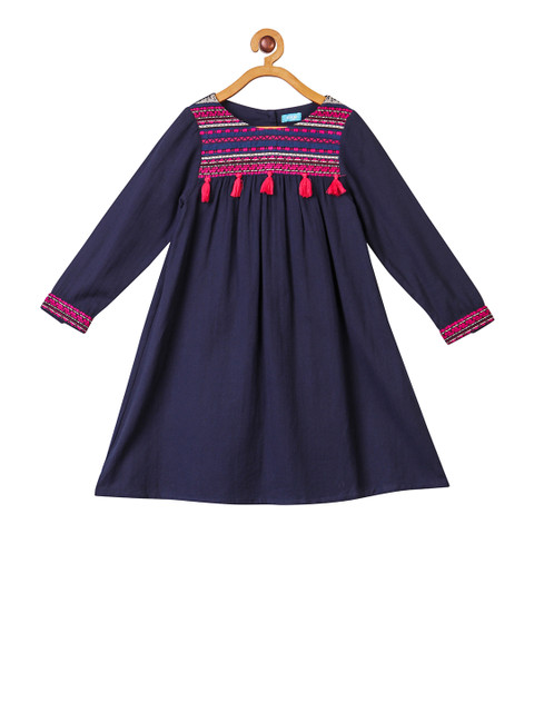 

Miyo Girls Navy Blue Printed A-Line Dress