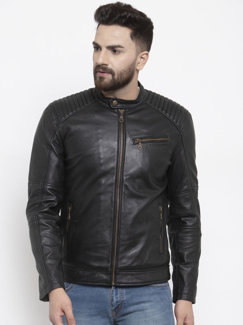 

WELBAWT Men Black Solid Lightweight Leather Jacket