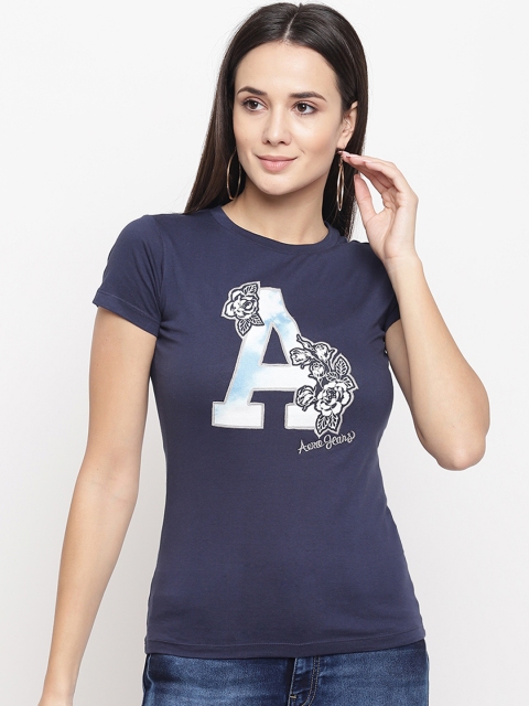 

Aeropostale Women Navy Blue & Off-White Printed Round Neck T-shirt