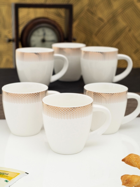 

White Gold Set of 6 White & Gold-Toned Printed Porcelain Cups Set