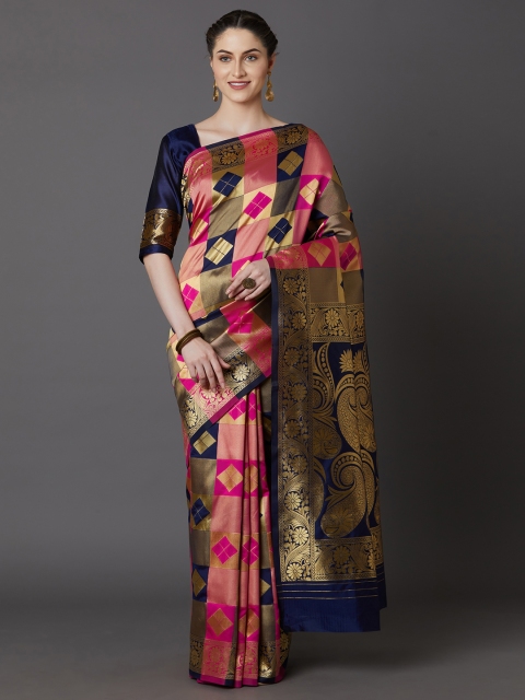 

Mitera Navy Blue & Pink Silk Blend Woven Design Banarasi Saree