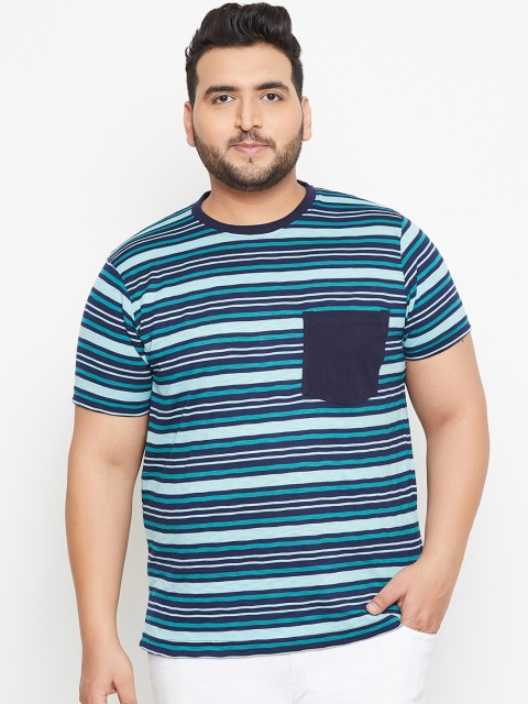 

bigbanana Plus Size Men Blue Striped Round Neck T-shirt