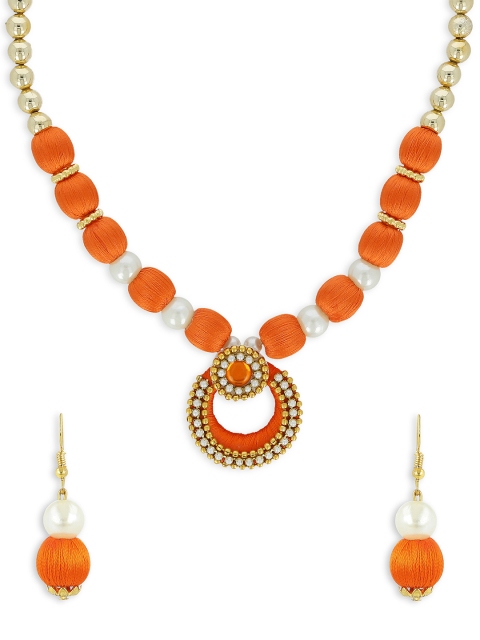 

AKSHARA Girls Orange & Gold-Toned Stone-Studded Handcrafted Beaded Jewellery Set