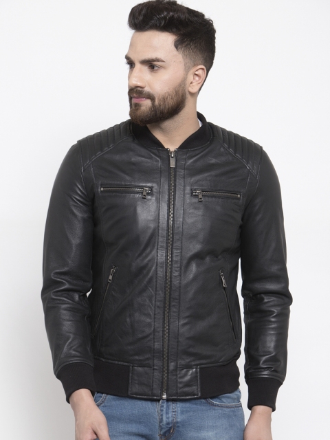 

WELBAWT Men Black Solid Lightweight Leather Jacket
