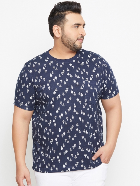 

bigbanana Plus Size Men Blue Printed Round Neck T-shirt