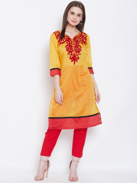 

AASK Women Mustard & Maroon Embroidered Pure Cotton Straight Kurti