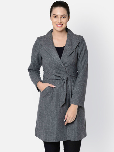 

Owncraft Women Grey Striped Single-Breasted Longline Woolen Overcoat