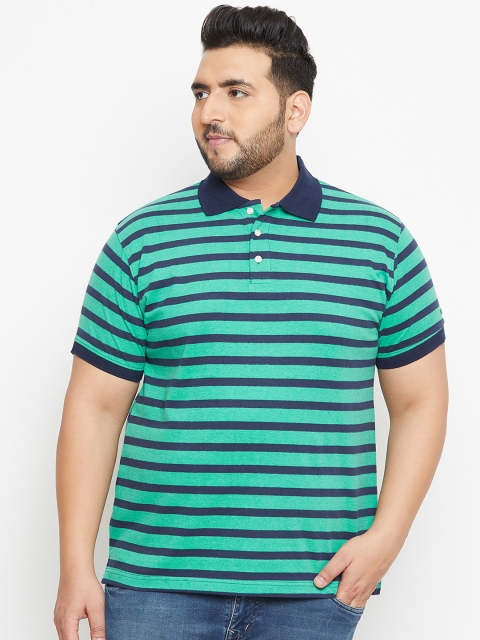 

bigbanana Plus Size Men Sea Green Striped Polo Collar T-shirt