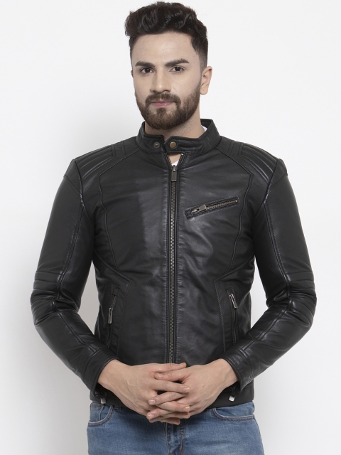 

WELBAWT Men Black Solid Lightweight Leather Jacket
