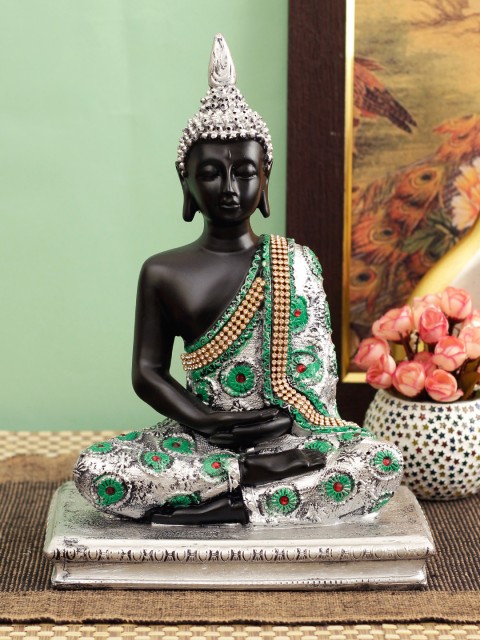 

TIED RIBBONS Silver-Toned & Green Decorative Buddha Showpiece