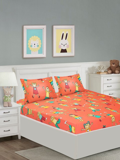 

Yellow Kite Orange Graphic 144 TC Cotton 1 Queen Bedsheet with 2 Pillow Covers