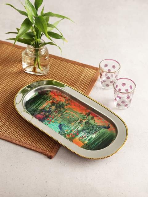 

India Circus by Krsnaa Mehta Green & Blue Peacock Dwar Steel Serving Tray