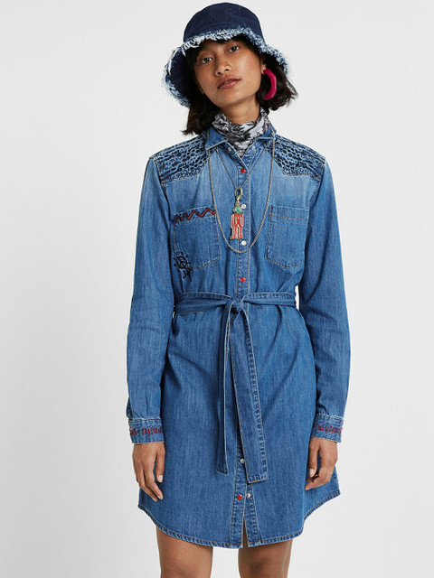 

Desigual Women Blue Embroidered Denim Shirt Dress