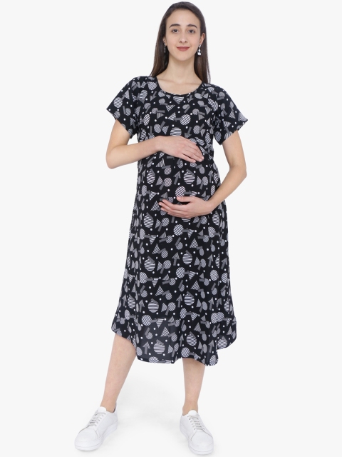 

MomToBe Women Black Printed Maternity Fit and Flare Dress