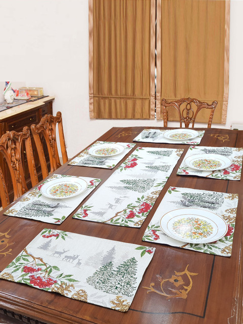 

Avira Home Set of 7 White & Red Printed Jacquard Table Placemats With Runner