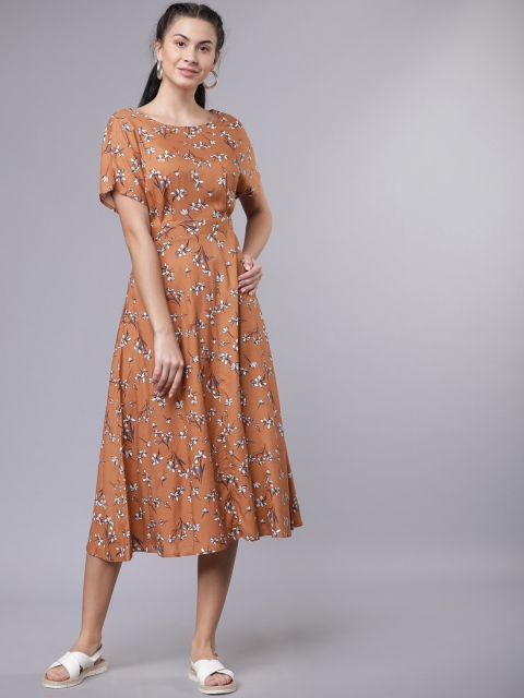 

Tokyo Talkies Women Brown Printed Fit and Flare Dress