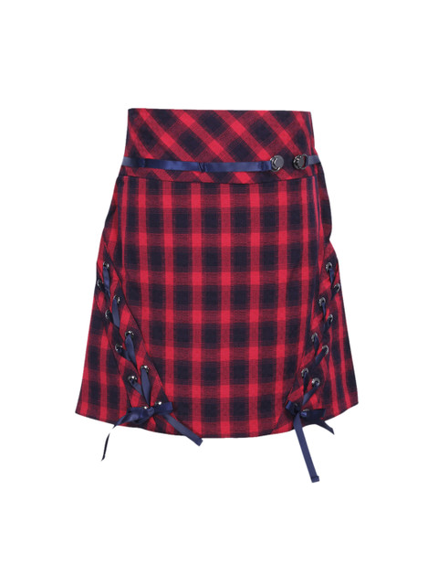 

CUTECUMBER Girls Red & Navy-Blue Checked A-Line Knee-Length Skirt