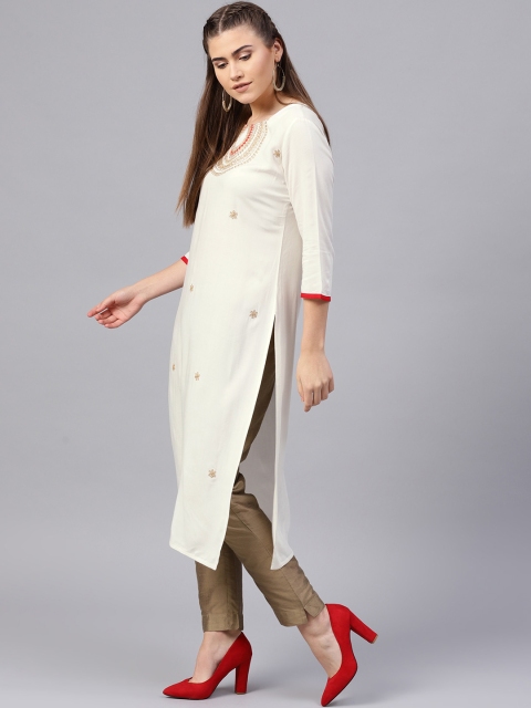 

Varanga Women Off-White Embroidered Straight Kurta